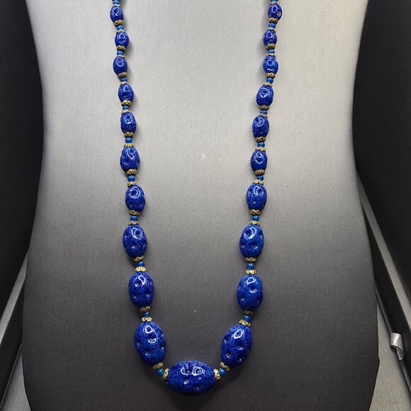 VTG Czech ‘Lapis’ Art Glass Necklace 26" Graduated Nugget Beads Brass Caps 1950s - Picture 12 of 12